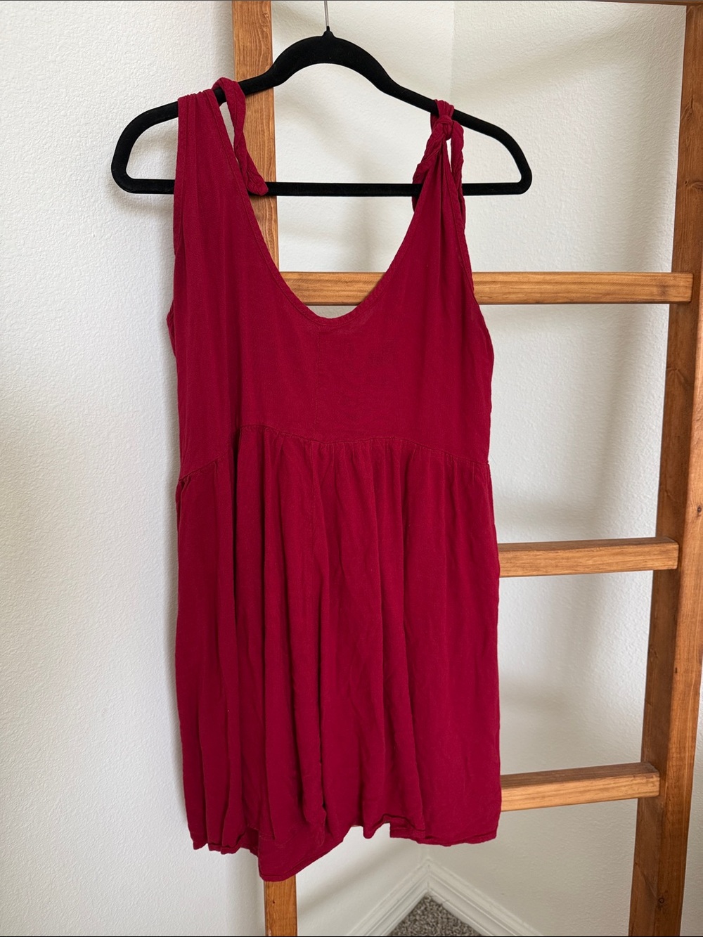 Knot-Shoulder Sleeveless Swing Dress in Deep Berry
